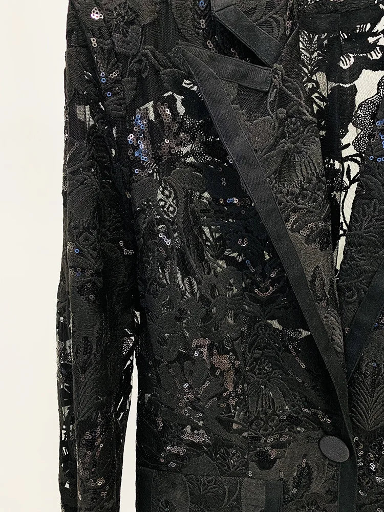 HIGH STREET Newest 2024 Designer Runway Suit Set Women's Single Button Guipure Lace Sequined Blazer Pants Suit