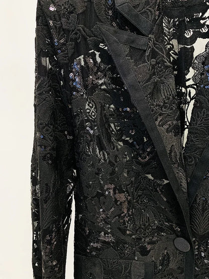 HIGH STREET Newest 2024 Designer Runway Suit Set Women's Single Button Guipure Lace Sequined Blazer Pants Suit