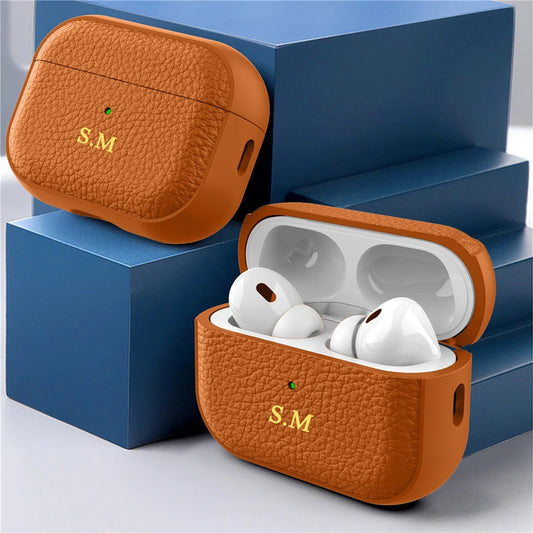 Luxury Pressure Personalized Name Letter DIY Customized Cover For Airpods 1 2 3 Pro 2 Lychee Pattern Earphone Case With Keychain