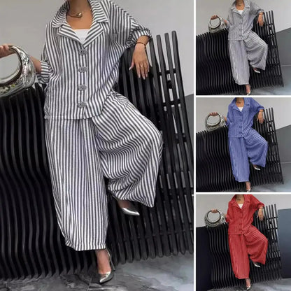 Wide-leg Pants Suit for Women Autumn Women's Casual Suit with Long-sleeved Shirt Top Wide-leg Harem Pants Lapel Striped