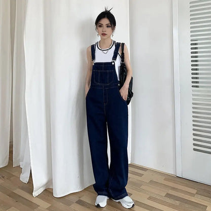 Loose Denim Overalls Stylish Women's Denim Suspender Jumpsuit with Adjustable Straps High Waist Wide Leg Fashionable Overalls