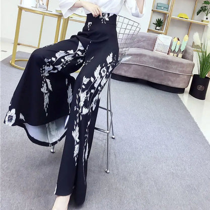 Women's Summer Long Pants Skirt Contrast Color Baggy Flower Print High Waist Slimming Plus Size Trousers Skirt Daily Clothes