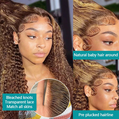 200 Density 30 Inch Highlight Honey Brown Curly  Lace Front Human Hair Wigs 13x4 13x6 Ombre Color Deep Water Wave Frontal Wigs