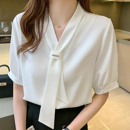 VONDA 2024 Summer Women Tops Fashion Casual Short Sleeve Chiffon Blouse Tie Shirts Loose Solid Color Tunic Blusas Femininas