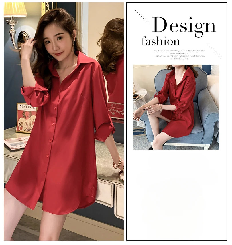 Mid-Length White Shirt Women BF Sexy Shirt Pajamas Female Skirt Ladies Tops Loose 2023 Autumn Clothing Women Shirts and Blouses