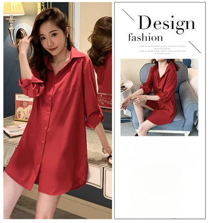 Mid-Length White Shirt Women BF Sexy Shirt Pajamas Female Skirt Ladies Tops Loose 2023 Autumn Clothing Women Shirts and Blouses