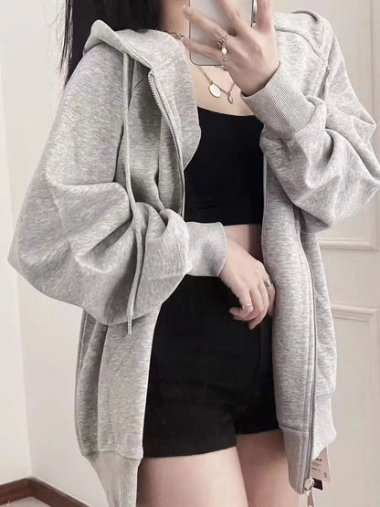 Winter New Women's Zipper Hoodie High Street Unisex style Double Pockets Oversize Loose Sweatshirts Outerwear Top
