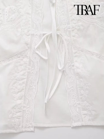 TRAF-Women's Lace Embroidery Blouses, O Neck, Sleeveless, Front Tied, Female Shirts, Chic Tops, Fashion