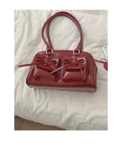 Xiuya Silver Pleated Womens Shoulder Bag Elegant Gentle Korean Fashion Leather Handbag Bow Sweet New Simple Ladies Boston Bag