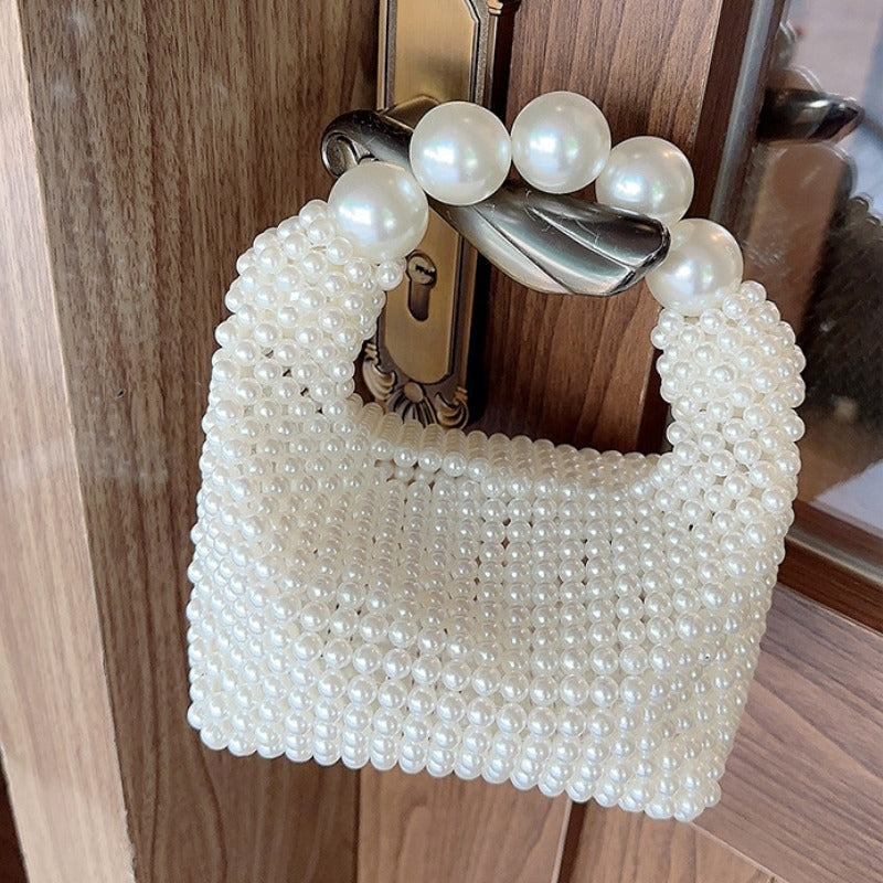 Beaded Woven Tote Bags for Women Pearl Purses and Handbags Ladies Evening Party Hand Bags Holiday Purse