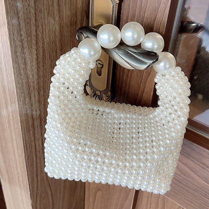 Beaded Woven Tote Bags for Women Pearl Purses and Handbags Ladies Evening Party Hand Bags Holiday Purse