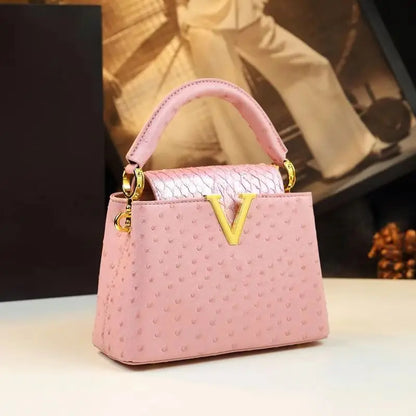Fashion Luxury Leather Women's Handbags V Letter Small Shoulder Crossbody Bag Niche Ostrich Print Portable Messenger Shell Bags