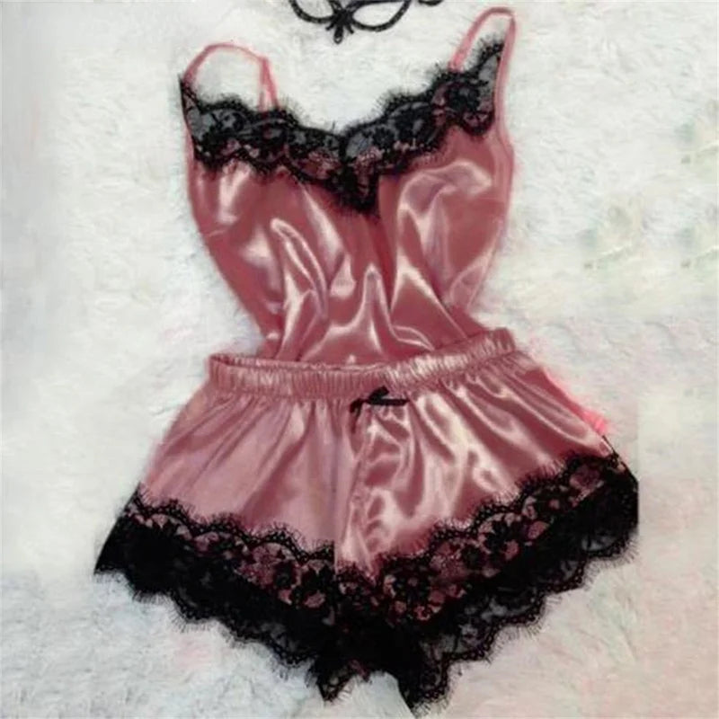 Women's Sleepwear Sexy Lace Satin Pajama Sets Ladies Nightwear Sleeveless Tops+Shorts 2 Pcs Sets for Women Pijama