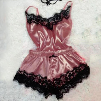 Women's Sleepwear Sexy Lace Satin Pajama Sets Ladies Nightwear Sleeveless Tops+Shorts 2 Pcs Sets for Women Pijama