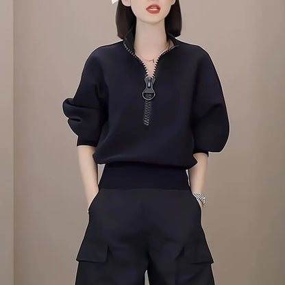 Fashion Stand Collar Zipper Solid Color Sweatshirts Women's Clothing 2023 Autumn Winter Loose Casual Tops Commuter Sweatshirts