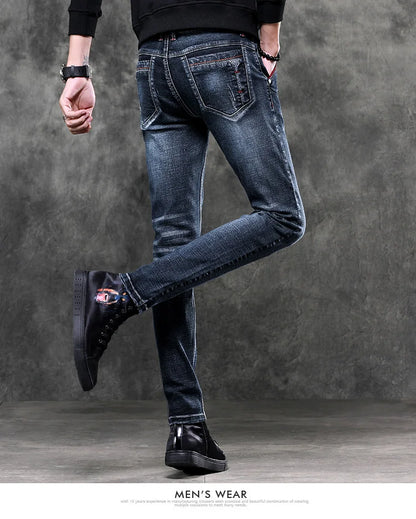 Men's Denim Jeans Classic Stretch Slim Straight-leg Trousers Casual All-match Pants Male Blue Black