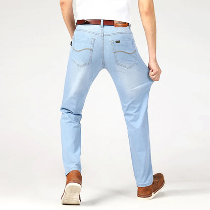 New Summer Business Men's Jeans Casual Straight Stretch Fashion Classic sky Blue  Work Denim Trousers Male Brand Clothing