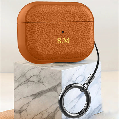 Luxury Pressure Personalized Name Letter DIY Customized Cover For Airpods 1 2 3 Pro 2 Lychee Pattern Earphone Case With Keychain
