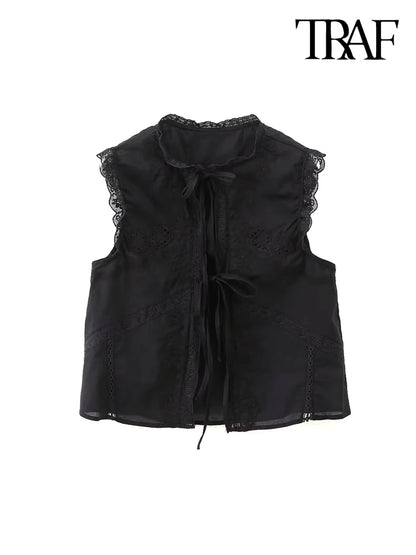 TRAF-Women's Lace Embroidery Blouses, O Neck, Sleeveless, Front Tied, Female Shirts, Chic Tops, Fashion