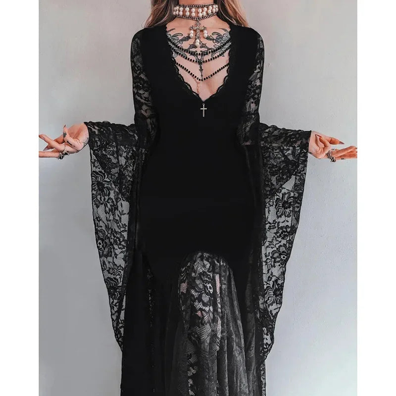 Halloween Gothic Women Dress Long Sleeve High Waist Dresses 2024 New Goth Aesthetic 9Os Sexy Slim Party Club Dress