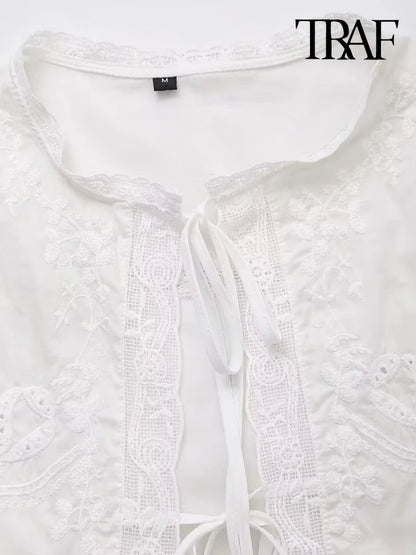 TRAF-Women's Lace Embroidery Blouses, O Neck, Sleeveless, Front Tied, Female Shirts, Chic Tops, Fashion
