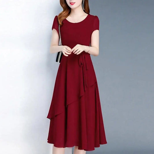 Versatile Dress Elegant Lace Up A-line Midi Dress with Short Sleeves for Women O-neck Streetwear Layered Hem Oversize Korean