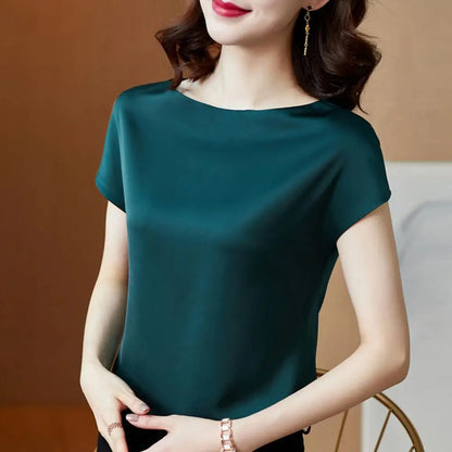 O Neck Lady T-shirt Blouse Spring Women Casual Solid Color Short Sleeve Blouses Shirts Loose Pullover Tunic Blusas Women Clothes