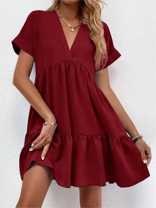 Women's Short Dress 2024 New Summer Style Fresh And Sweet V-neck Solid Color Large Swing Elegant Casual Short Dress