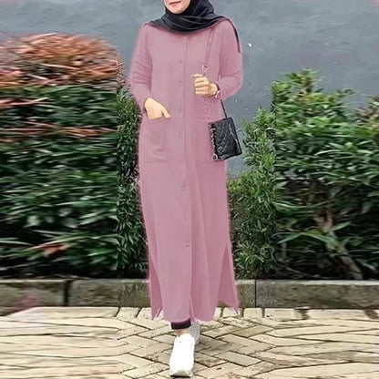 2024 Vintage Long Dress for Women Muslim Abaya Hajib Long Sleeve O-Neck Shirt Dress Females Casual Maxi Dress Arabic Modest Robe
