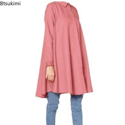 2024 Muslim Fashion Abayas for Women Oversized Solid Loose Casual Cardigan Lapel Button Tops Ladies Modest Blouses Elegant Shirt