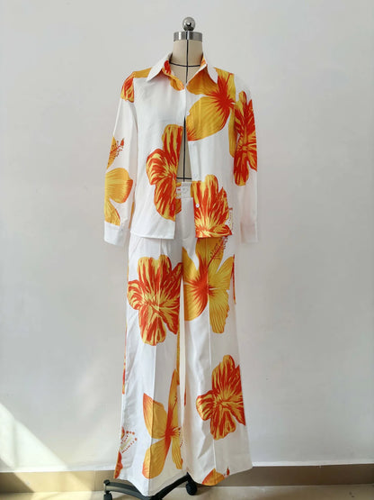 2023 Women's Casual Daily Shirt Set Floral Fashion Printed Shirt Spring Autumn Wide Leg Pants Women's Office Two-piece Set