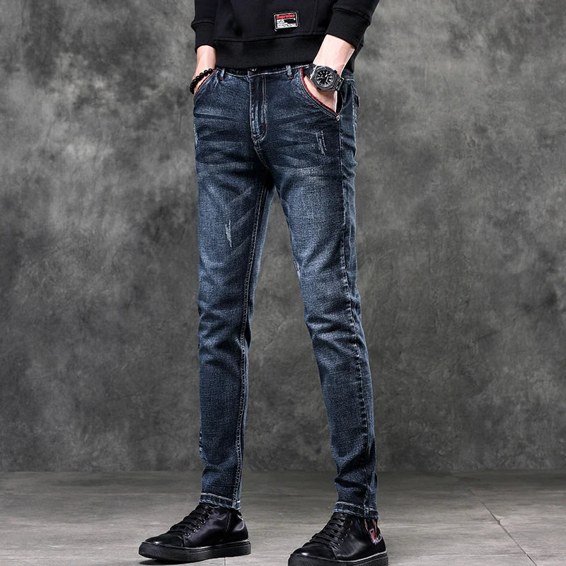 Men's Denim Jeans Classic Stretch Slim Straight-leg Trousers Casual All-match Pants Male Blue Black