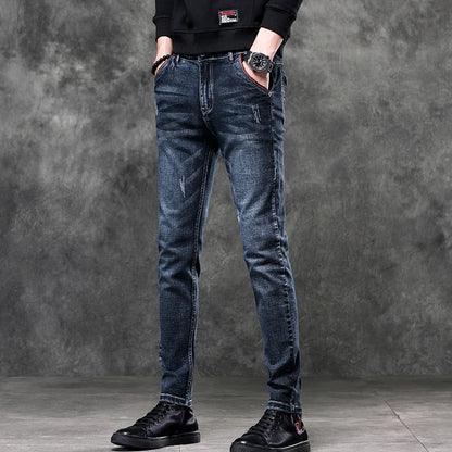 Men's Denim Jeans Classic Stretch Slim Straight-leg Trousers Casual All-match Pants Male Blue Black