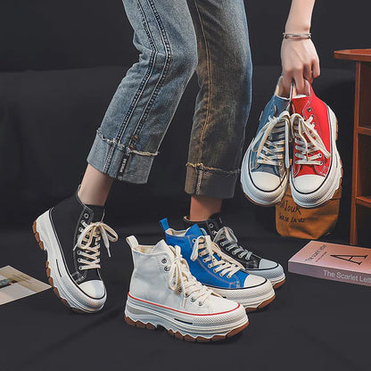 Trendy High Top Canvas Shoes for Women 2024 New Thick Sole Heightening Retro Simple Casual Vulcanized Shoes Zapatos De Mujer