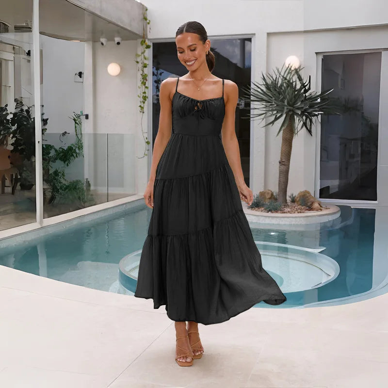 European And American Women's New Spliced Suspender Long Backless Tie Big Swing Dress With Lining