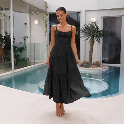 European And American Women's New Spliced Suspender Long Backless Tie Big Swing Dress With Lining