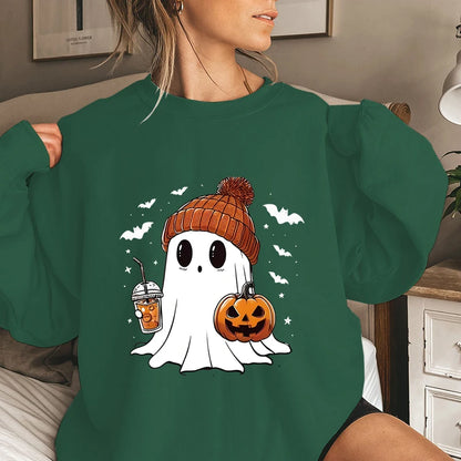 Halloween Adorable Ghost With Drink And Pumpkin Print Sweatshirt, Crew Neck Long Sleeve Pyllovers, Casual Sweatshirts For Women