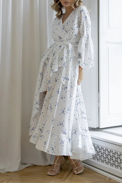 Women Intellectuality Elegant Vintage Summer Bandage White Chiffon Blue Polka Dot Long Slit Boho Beach Maxi Dresses Long Sleeve