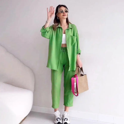 Solid Color Two-piece Outfit Stylish Women's Shirt Pants Set with Lapel Collar Chest Pocket Casual Outfit with for Everyday