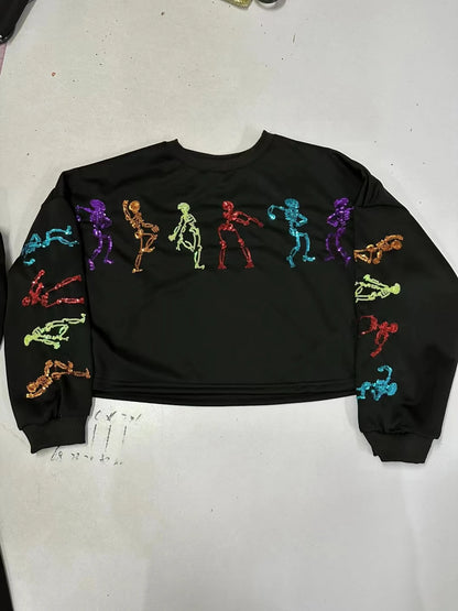 Glitter Patchwork Hoodies Vintage Tshirt Harajuku Slim Long Sleeve Streetwear Women Clothes Halloween Tee Top Autumn Winter