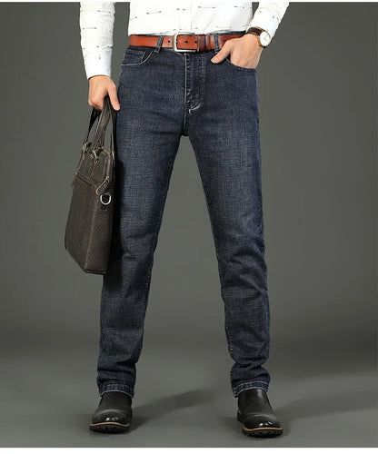 2025 Fashion Four Seasons Classic Blue Black Work Denim Trousers  Men's Jeans Casual Straight Stretch Male Brand Clothing