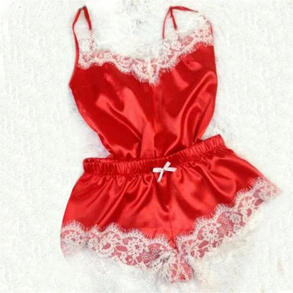 Women's Sleepwear Sexy Lace Satin Pajama Sets Ladies Nightwear Sleeveless Tops+Shorts 2 Pcs Sets for Women Pijama