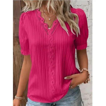 2024 Summer New Women's Blouse Top Solid Sexy V-Neck Hollow Short Sleeve Fashion Splice Plus Size Loose Street Apparel Shirt