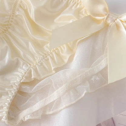 Women Sexy Satin Lace Mesh Transparent Bow Underwear Cute Lovely Sweety Princess Style Soft Panties Ruffles Breathable Breifs