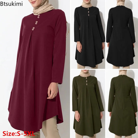 2024 New Muslim Long Sleeve Shirt Dress for Women Solid Elegant Islam Prayer Abaya Arab Casual Tops Modest Robe Blusas De Mujer