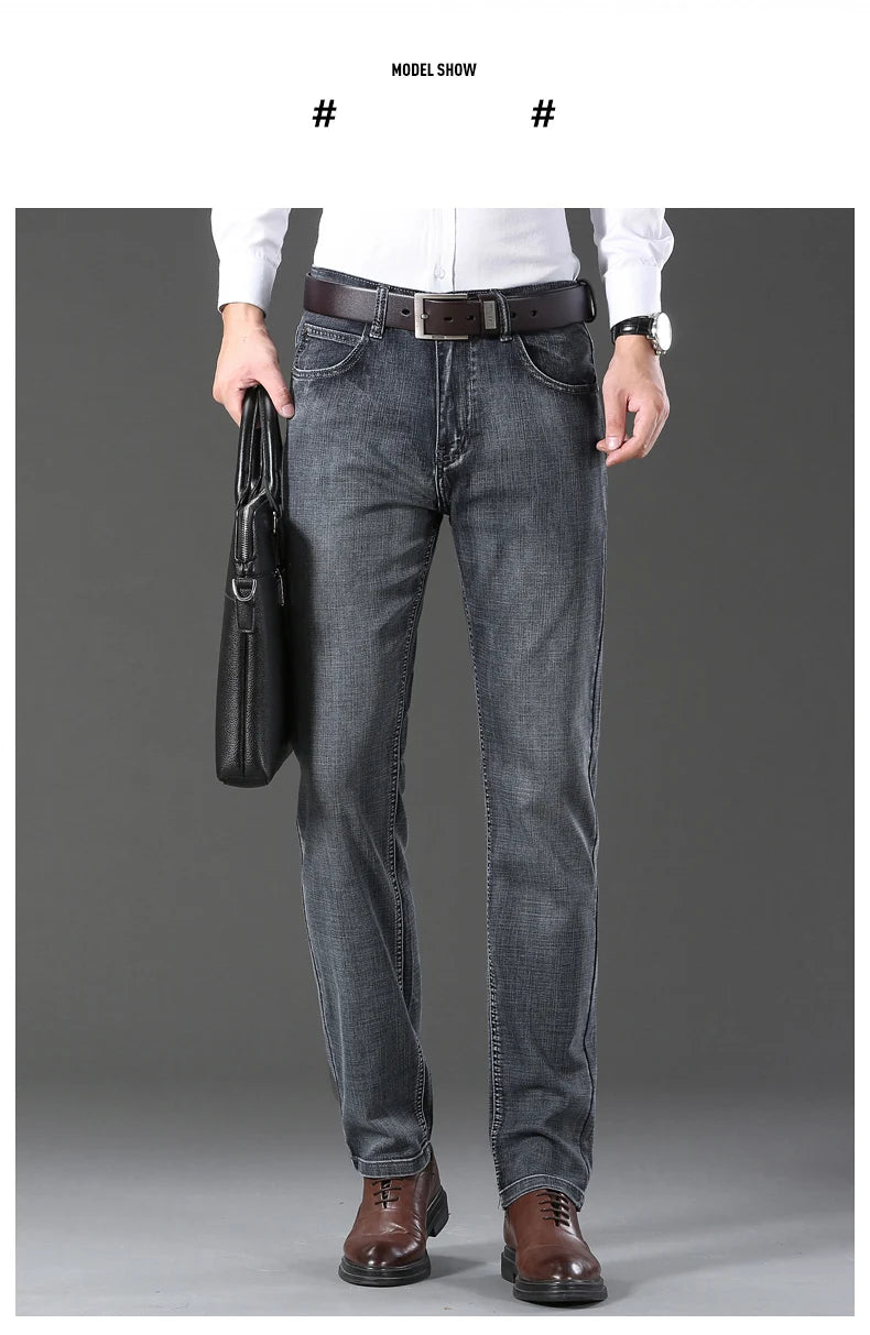 20234 Brand Men's Stretch Loose Straight Fit Jeans Men's Business Casual Denim Pants Brand New Style Trousers Mens Wear Grey