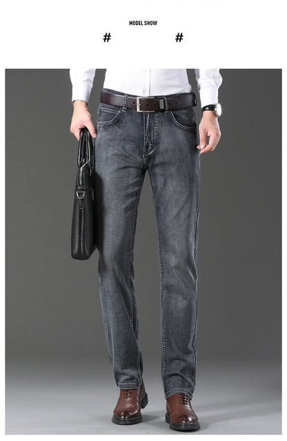 20234 Brand Men's Stretch Loose Straight Fit Jeans Men's Business Casual Denim Pants Brand New Style Trousers Mens Wear Grey