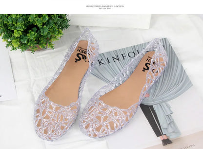 Summer women sandals flat-soled crystal clogs hollow flat-soled slip-ons shallow mouth Roman jelly shoes beach sandals