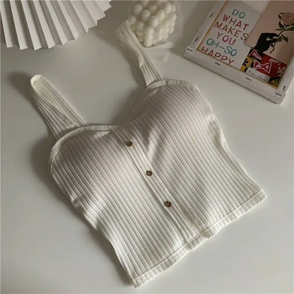 Women Summer Elastic Tank Top Crop Camisole Sleeveless T Shirt Spaghetti Vest Knitted Camis Female Vest Tops White Black
