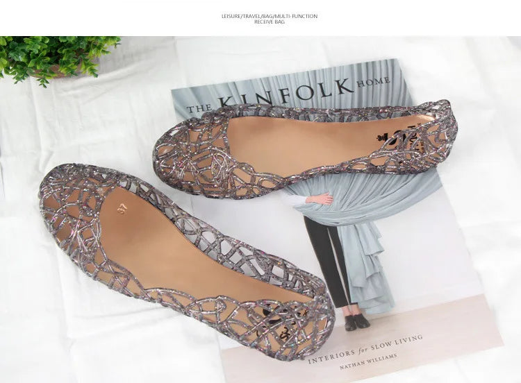 Summer women sandals flat-soled crystal clogs hollow flat-soled slip-ons shallow mouth Roman jelly shoes beach sandals